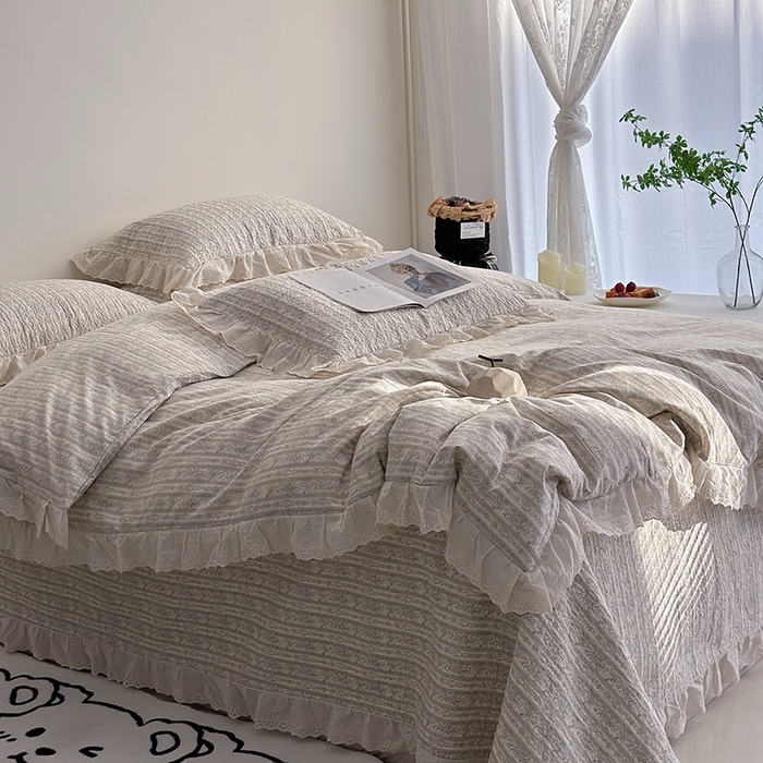 91家纺网 家纺一手货源 找家纺 佰织鑫家居 2026新款全棉法式砂洗棉花床盖款被套四件套 伊甸园