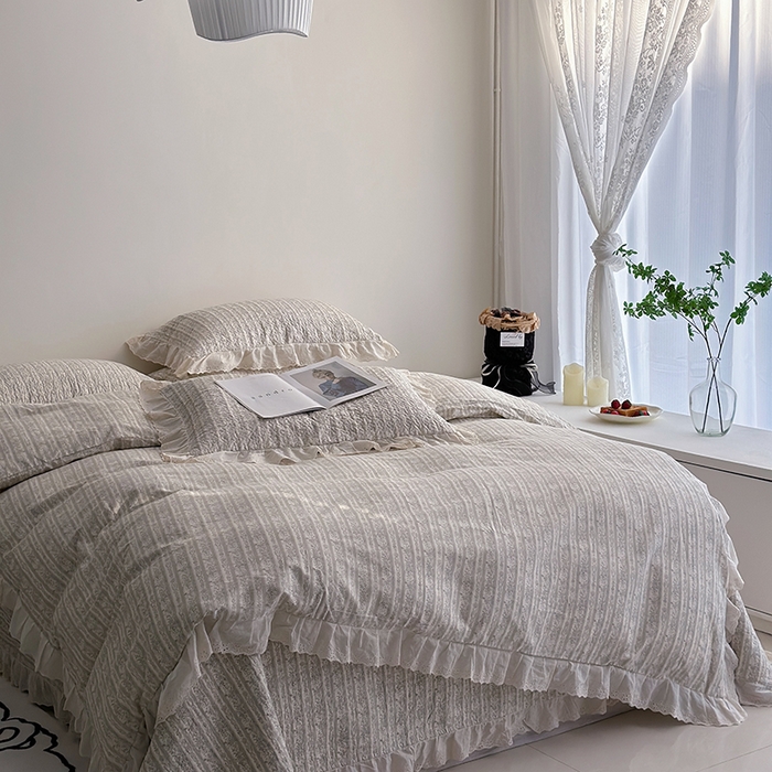 91家纺网 家纺一手货源 找家纺 佰织鑫家居 2026新款全棉法式砂洗棉花床盖款被套四件套 伊甸园