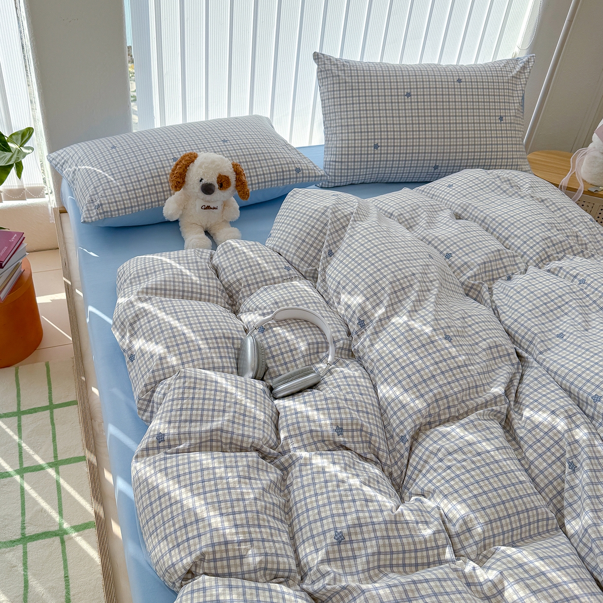 91家纺网 家纺一手货源 找家纺 铺尚美家纺 2026新款春款A类古法水洗仿棉云感棉小布袋四件套 星星蓝格