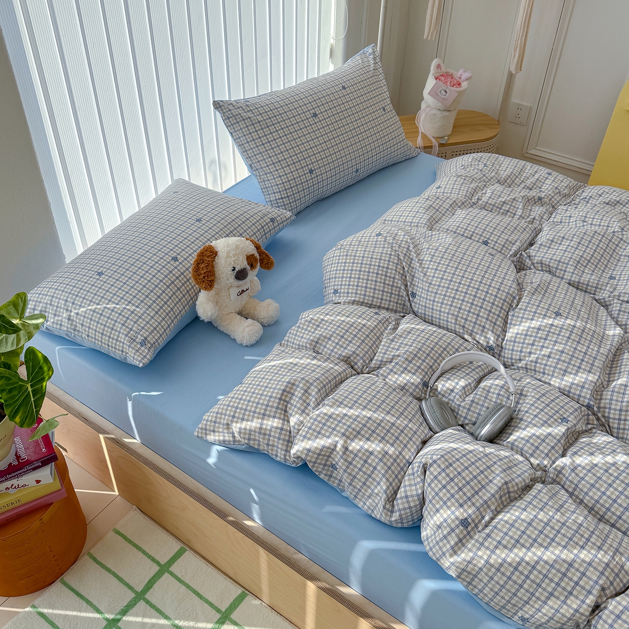 91家纺网 家纺一手货源 找家纺 铺尚美家纺 2026新款春款A类古法水洗仿棉云感棉小布袋四件套 星星蓝格