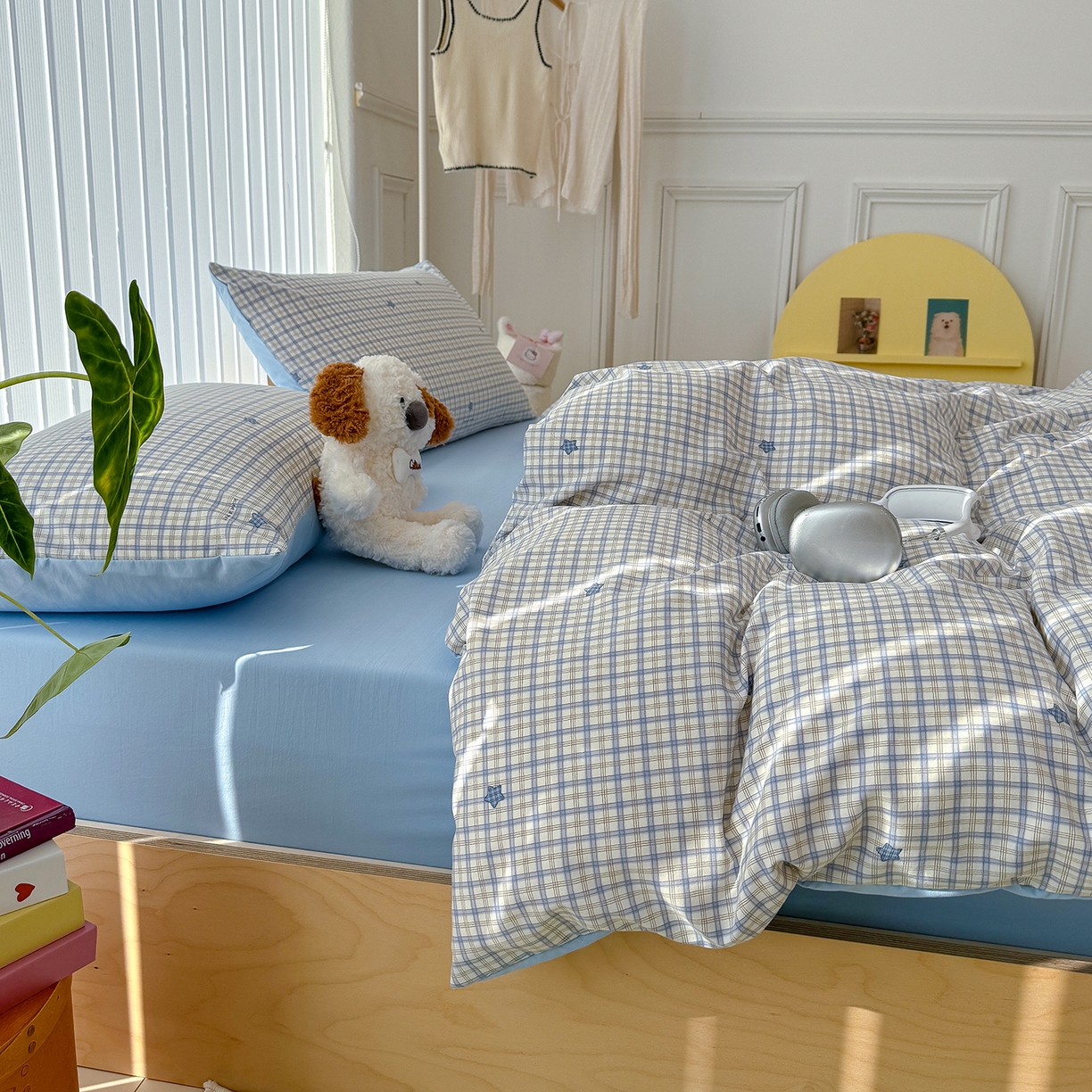 91家纺网 家纺一手货源 找家纺 铺尚美家纺 2026新款春款A类古法水洗仿棉云感棉小布袋四件套 星星蓝格