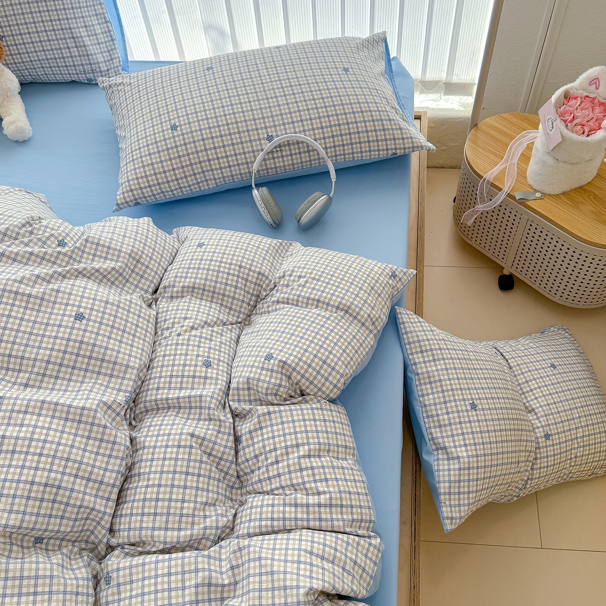 91家纺网 家纺一手货源 找家纺 铺尚美家纺 2026新款春款A类古法水洗仿棉云感棉小布袋四件套 星星蓝格