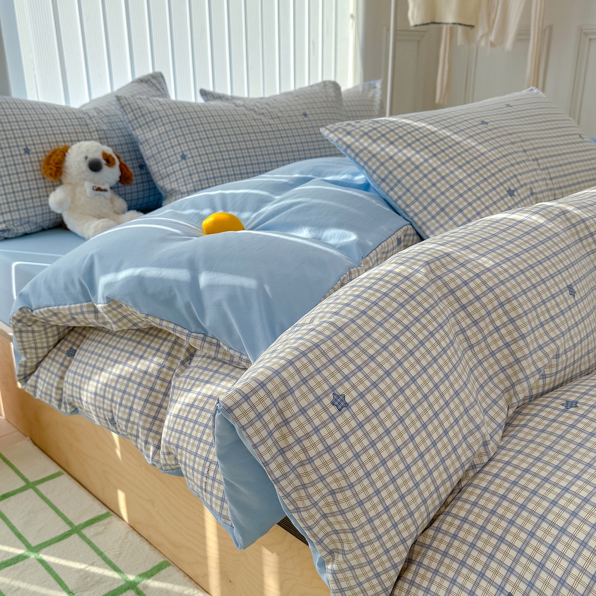 91家纺网 家纺一手货源 找家纺 铺尚美家纺 2026新款春款A类古法水洗仿棉云感棉小布袋四件套 星星蓝格