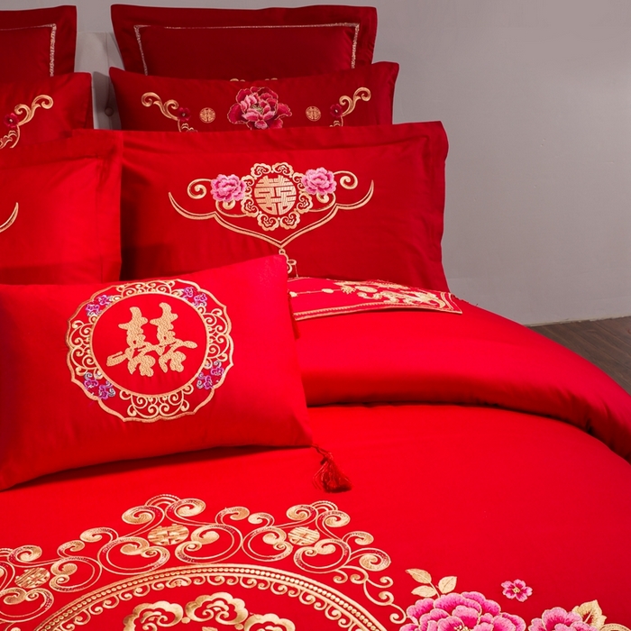 91家纺网 家纺一手货源 找家纺 慕她家纺 慕她畅销款全棉纯棉婚庆四件套大红色刺绣结婚床上用品 浪漫爱情