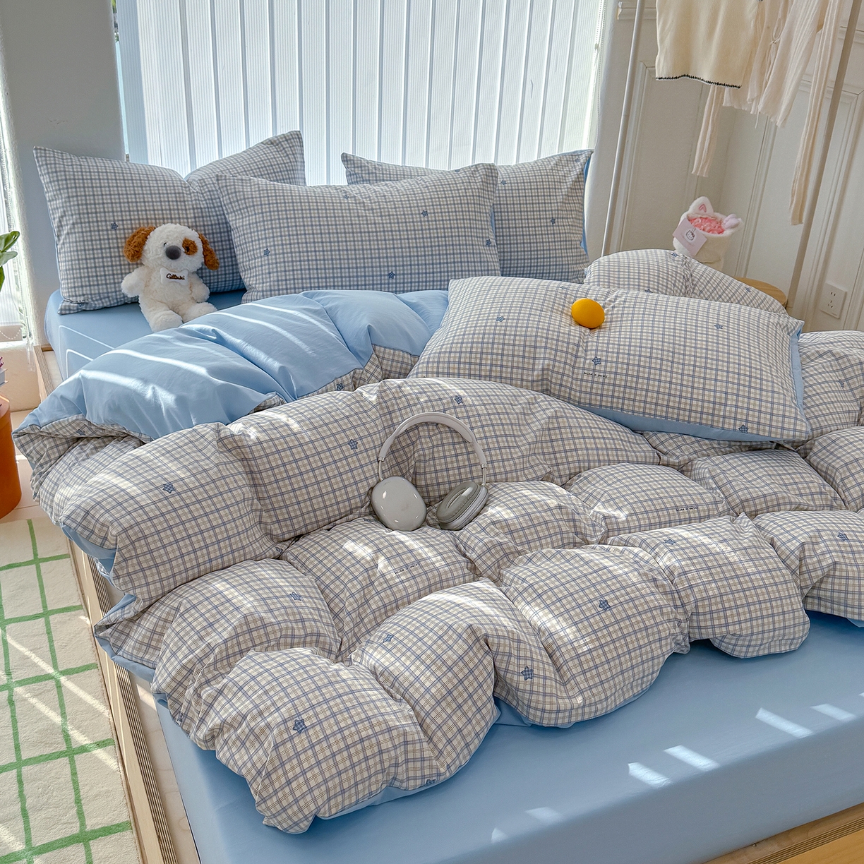 91家纺网 家纺一手货源 找家纺 铺尚美家纺 2026新款春款A类古法水洗仿棉云感棉小布袋四件套 星星蓝格