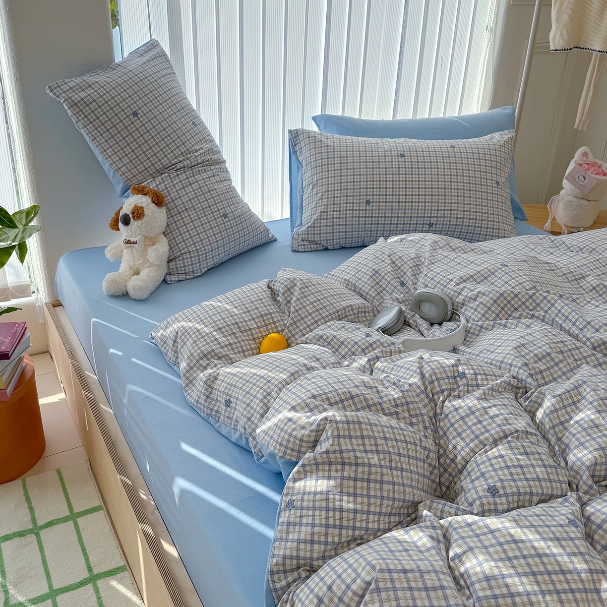 91家纺网 家纺一手货源 找家纺 铺尚美家纺 2026新款春款A类古法水洗仿棉云感棉小布袋四件套 星星蓝格