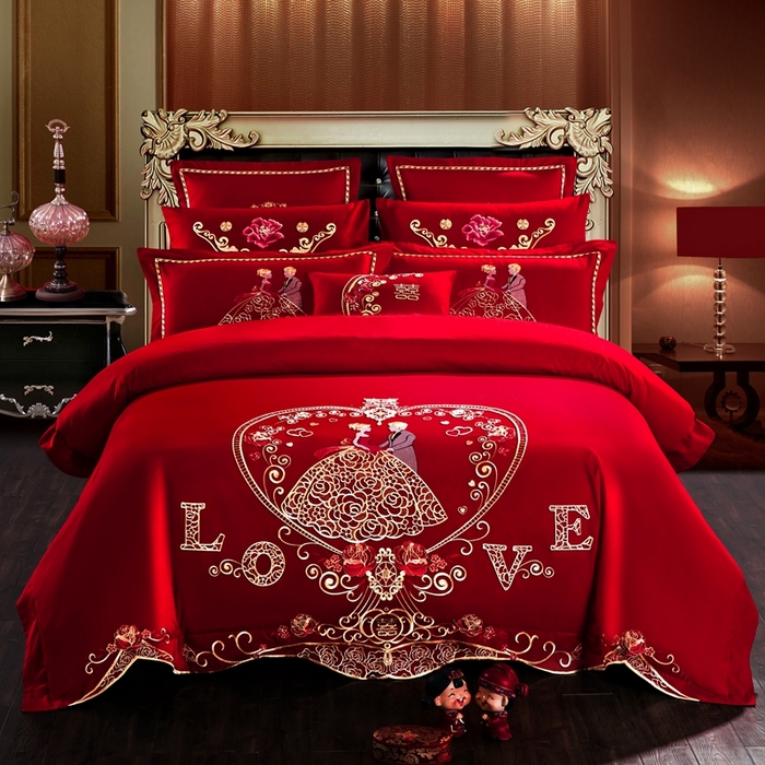 慕她家纺 慕她畅销款全棉纯棉婚庆四件套大红色刺绣结婚床上用品 浪漫婚礼 大红