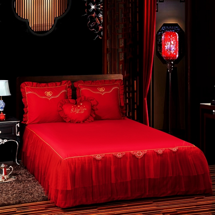 91家纺网 家纺一手货源 找家纺 慕她家纺 慕她畅销款全棉纯棉婚庆四件套大红色刺绣结婚床上用品 浪漫婚礼 大红