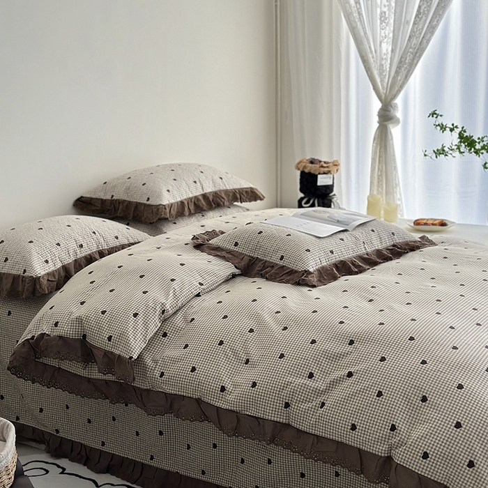 91家纺网 家纺一手货源 找家纺 佰织鑫家居 2026新款全棉法式砂洗棉花床盖款被套四件套 甜心格