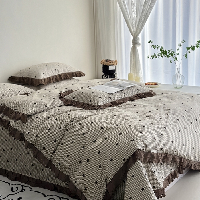 91家纺网 家纺一手货源 找家纺 佰织鑫家居 2026新款全棉法式砂洗棉花床盖款被套四件套 甜心格