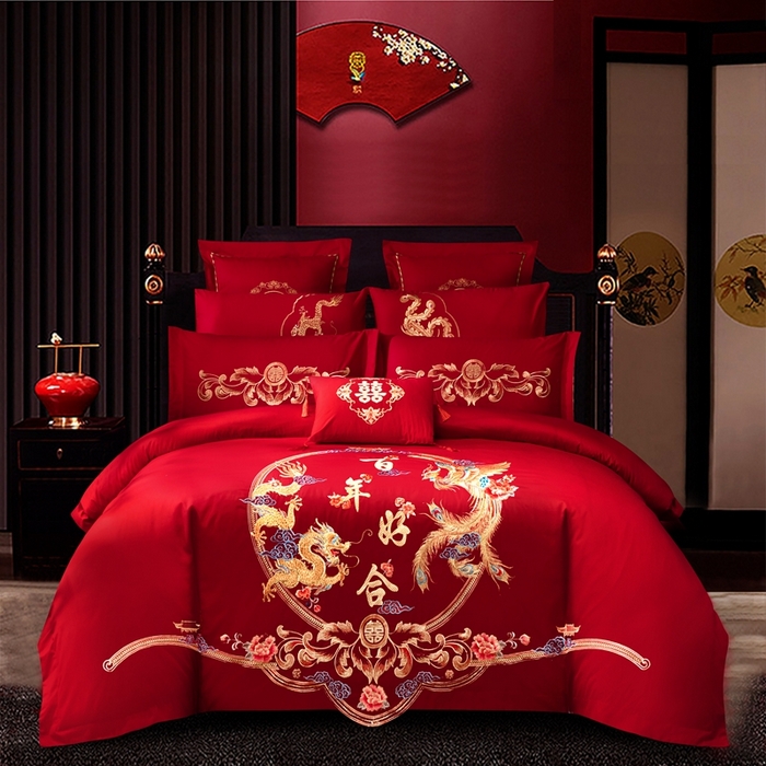 慕她家纺 慕她畅销款全棉纯棉婚庆四件套大红色刺绣结婚床上用品 龙凤百年