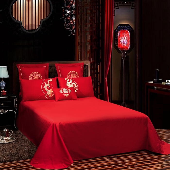 91家纺网 家纺一手货源 找家纺 慕她家纺 慕她畅销款全棉纯棉婚庆四件套大红色刺绣结婚床上用品 龙凤百年
