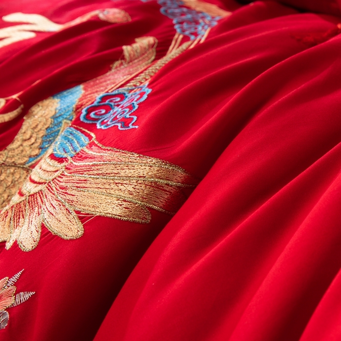 91家纺网 家纺一手货源 找家纺 慕她家纺 慕她畅销款全棉纯棉婚庆四件套大红色刺绣结婚床上用品 龙凤百年