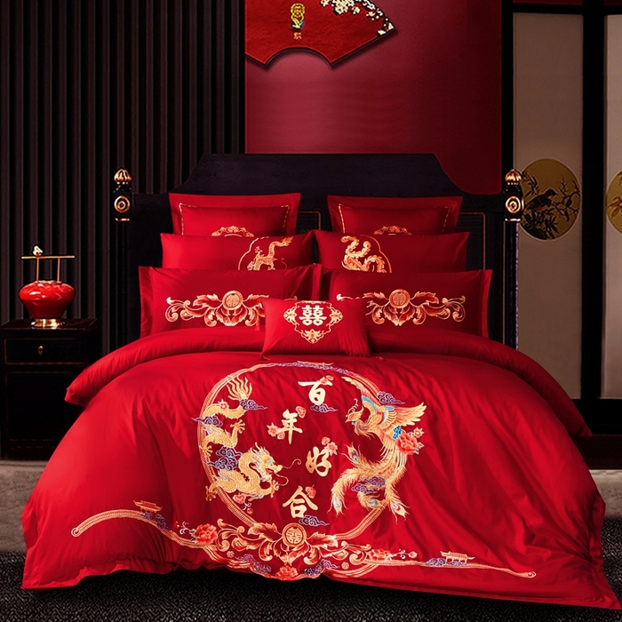 91家纺网 家纺一手货源 找家纺 慕她家纺 慕她畅销款全棉纯棉婚庆四件套大红色刺绣结婚床上用品 龙凤百年