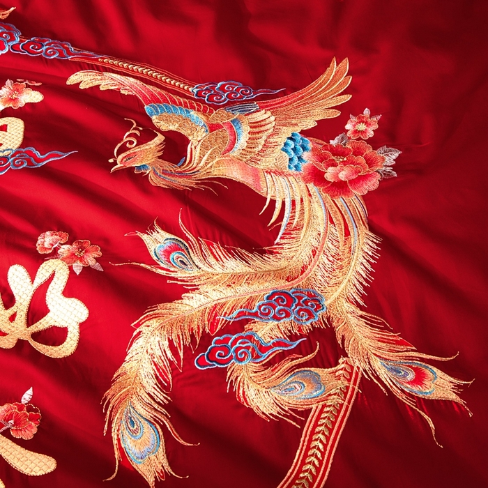 91家纺网 家纺一手货源 找家纺 慕她家纺 慕她畅销款全棉纯棉婚庆四件套大红色刺绣结婚床上用品 龙凤百年