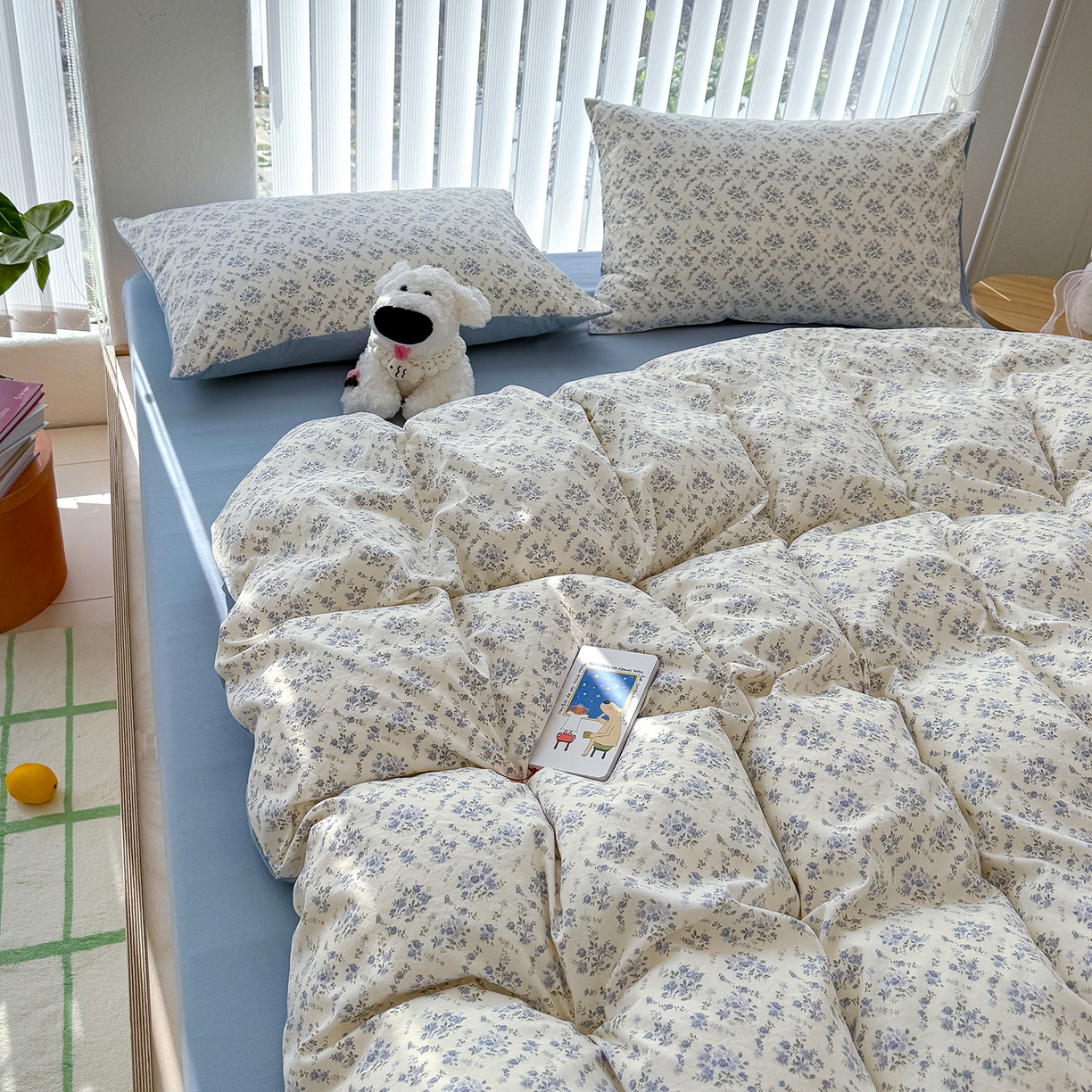 91家纺网 家纺一手货源 找家纺 铺尚美家纺 2026新款春款A类古法水洗仿棉云感棉小布袋四件套 蓝岛风铃