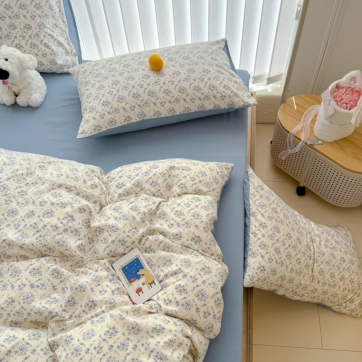 91家纺网 家纺一手货源 找家纺 铺尚美家纺 2026新款春款A类古法水洗仿棉云感棉小布袋四件套 蓝岛风铃