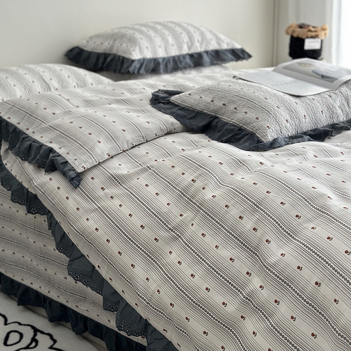 91家纺网 家纺一手货源 找家纺 佰织鑫家居 2026新款全棉法式砂洗棉花床盖款被套四件套 伦敦雾灰