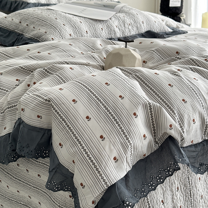 91家纺网 家纺一手货源 找家纺 佰织鑫家居 2026新款全棉法式砂洗棉花床盖款被套四件套 伦敦雾灰