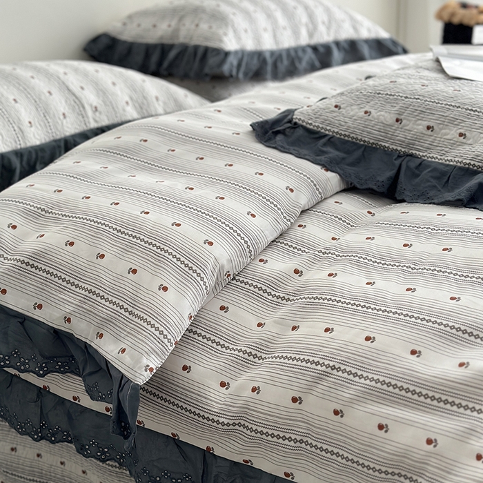 91家纺网 家纺一手货源 找家纺 佰织鑫家居 2026新款全棉法式砂洗棉花床盖款被套四件套 伦敦雾灰