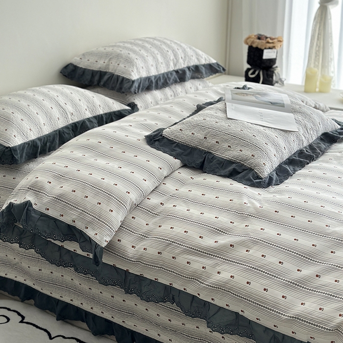 91家纺网 家纺一手货源 找家纺 佰织鑫家居 2026新款全棉法式砂洗棉花床盖款被套四件套 伦敦雾灰