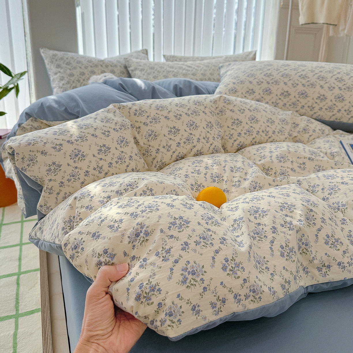 91家纺网 家纺一手货源 找家纺 铺尚美家纺 2026新款春款A类古法水洗仿棉云感棉小布袋四件套 蓝岛风铃