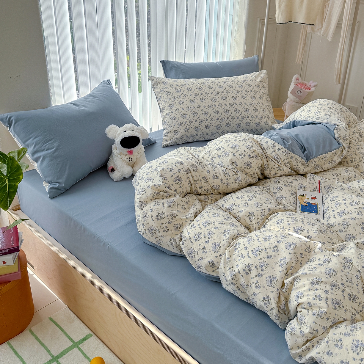 91家纺网 家纺一手货源 找家纺 铺尚美家纺 2026新款春款A类古法水洗仿棉云感棉小布袋四件套 蓝岛风铃