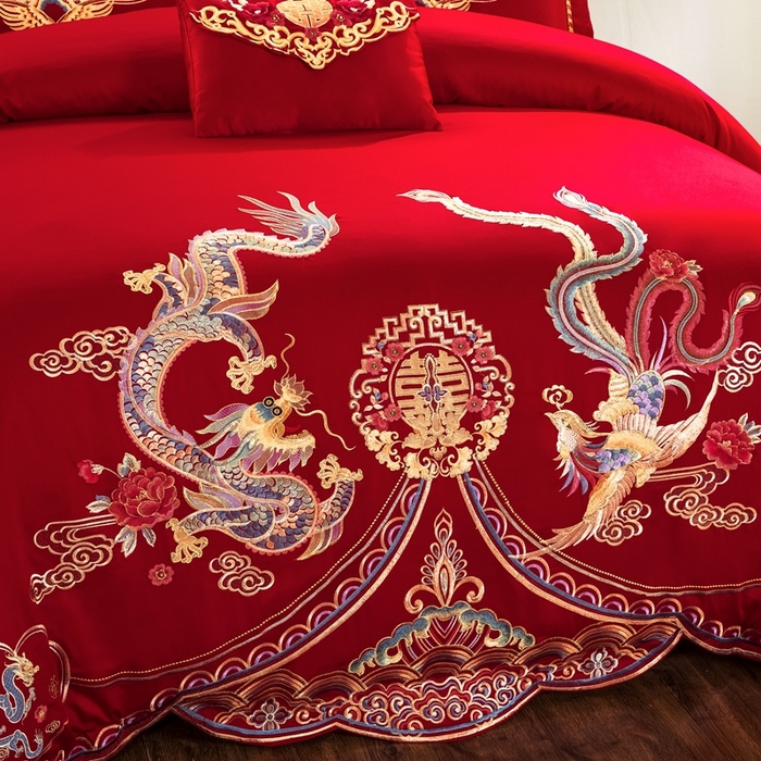 91家纺网 家纺一手货源 找家纺 慕她家纺 慕她畅销款全棉纯棉婚庆四件套大红色刺绣结婚床上用品 龙凤成双