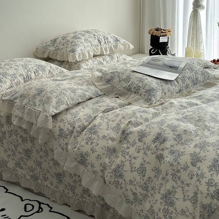 91家纺网 家纺一手货源 找家纺 佰织鑫家居 2026新款全棉法式砂洗棉花床盖款被套四件套 赫本