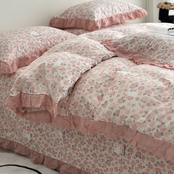 91家纺网 家纺一手货源 找家纺 佰织鑫家居 2026新款全棉法式砂洗棉花床盖款被套四件套 爱情故事