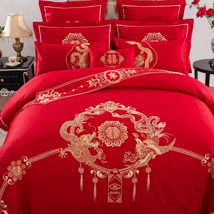 91家纺网 家纺一手货源 找家纺 慕她家纺 慕她畅销款全棉纯棉婚庆四件套大红色刺绣结婚床上用品 龙凤蜜语