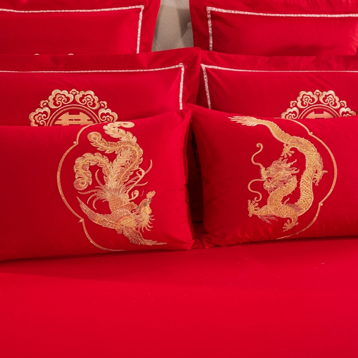 91家纺网 家纺一手货源 找家纺 慕她家纺 慕她畅销款全棉纯棉婚庆四件套大红色刺绣结婚床上用品 龙凤蜜语