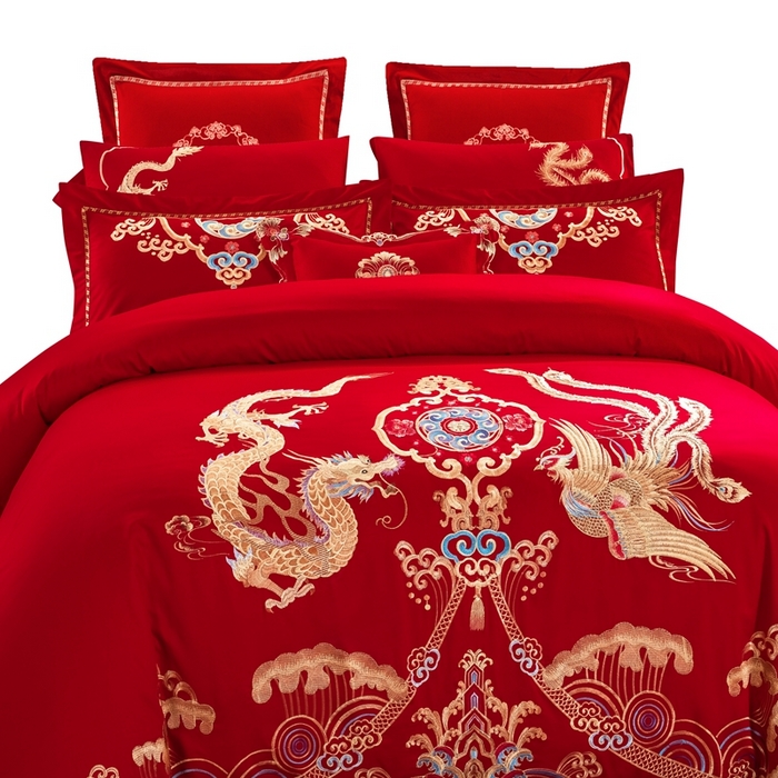 91家纺网 家纺一手货源 找家纺 慕她家纺 慕她畅销款全棉纯棉婚庆四件套大红色刺绣结婚床上用品 龙凤齐眉