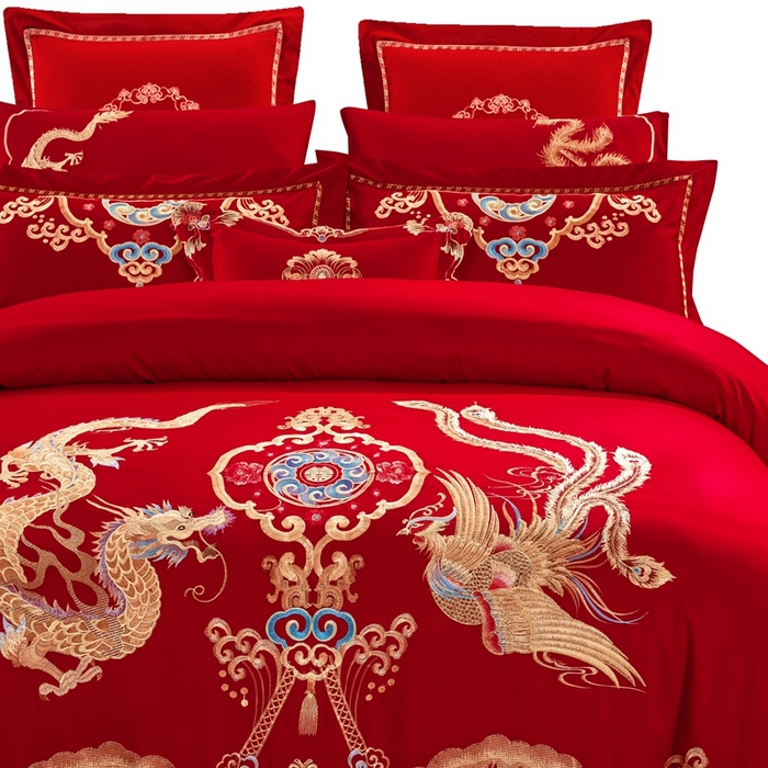 91家纺网 家纺一手货源 找家纺 慕她家纺 慕她畅销款全棉纯棉婚庆四件套大红色刺绣结婚床上用品 龙凤齐眉