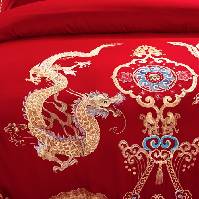 91家纺网 家纺一手货源 找家纺 慕她家纺 慕她畅销款全棉纯棉婚庆四件套大红色刺绣结婚床上用品 龙凤齐眉