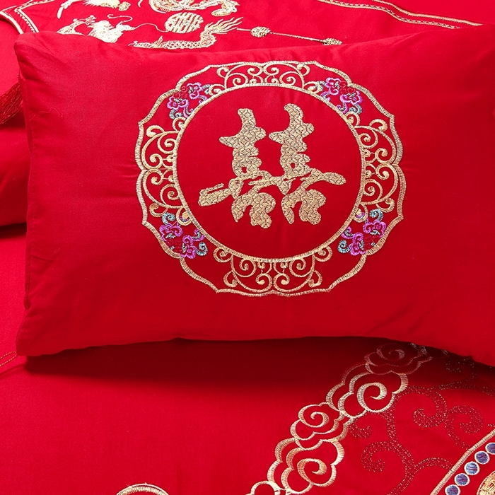 91家纺网 家纺一手货源 找家纺 慕她家纺 慕她畅销款全棉纯棉婚庆四件套大红色刺绣结婚床上用品 龙凤情深