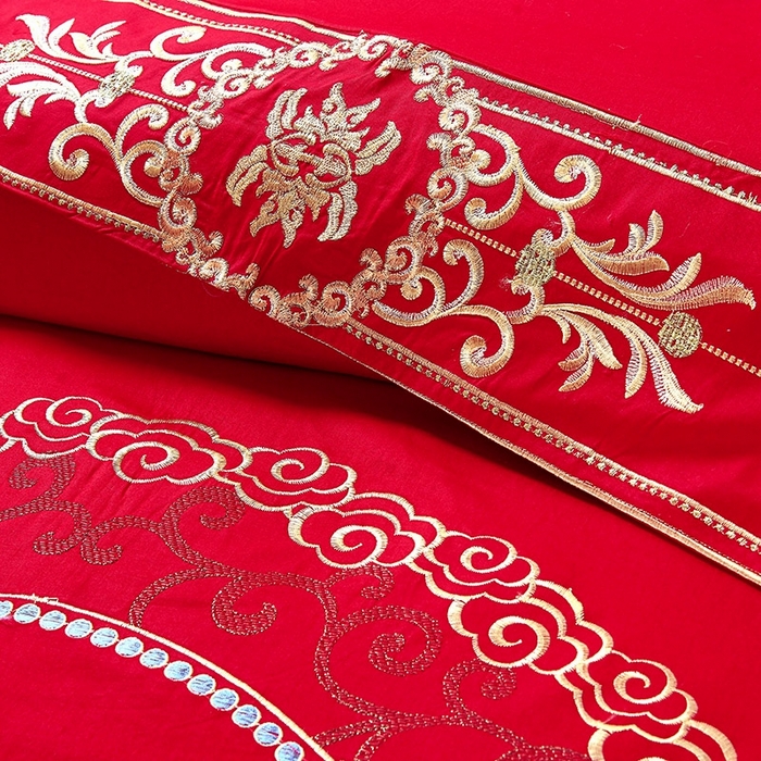 91家纺网 家纺一手货源 找家纺 慕她家纺 慕她畅销款全棉纯棉婚庆四件套大红色刺绣结婚床上用品 龙凤情深