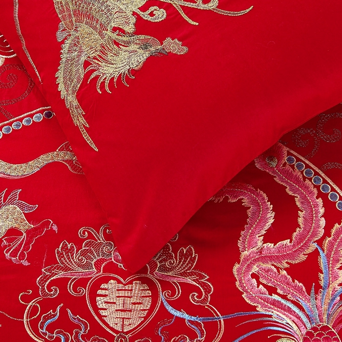 91家纺网 家纺一手货源 找家纺 慕她家纺 慕她畅销款全棉纯棉婚庆四件套大红色刺绣结婚床上用品 龙凤情深