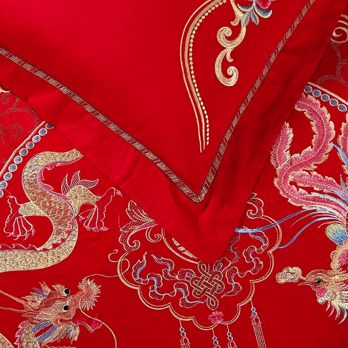 91家纺网 家纺一手货源 找家纺 慕她家纺 慕她畅销款全棉纯棉婚庆四件套大红色刺绣结婚床上用品 龙凤情深