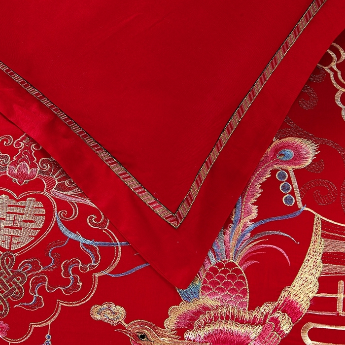 91家纺网 家纺一手货源 找家纺 慕她家纺 慕她畅销款全棉纯棉婚庆四件套大红色刺绣结婚床上用品 龙凤情深