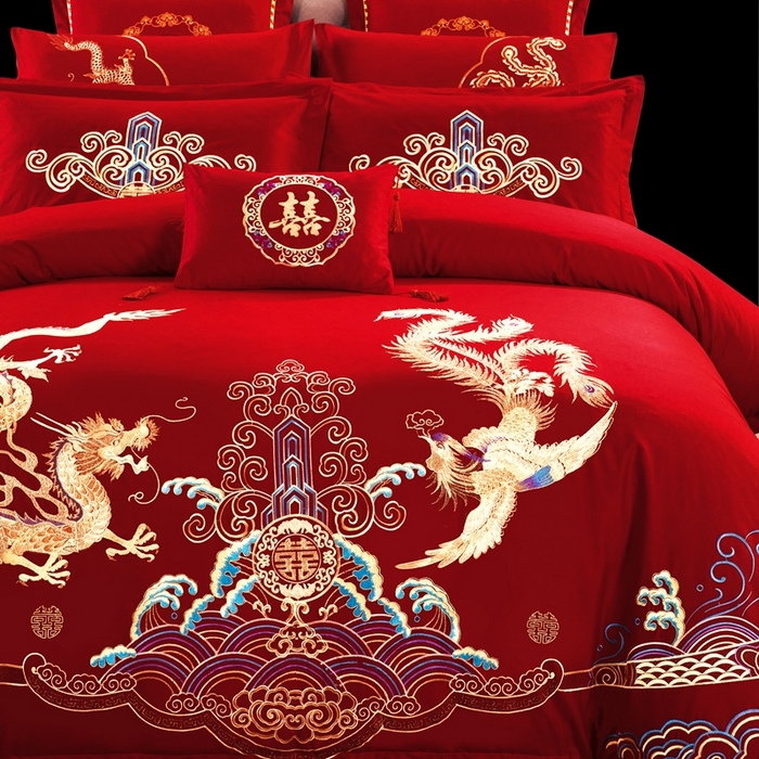 91家纺网 家纺一手货源 找家纺 慕她家纺 慕她畅销款全棉纯棉婚庆四件套大红色刺绣结婚床上用品 龙腾凤舞