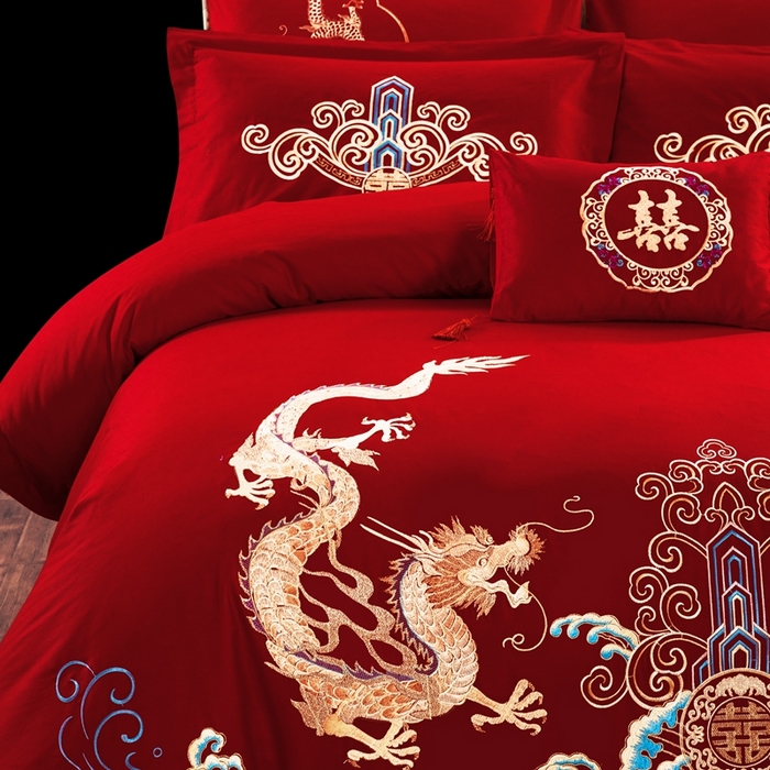 91家纺网 家纺一手货源 找家纺 慕她家纺 慕她畅销款全棉纯棉婚庆四件套大红色刺绣结婚床上用品 龙腾凤舞