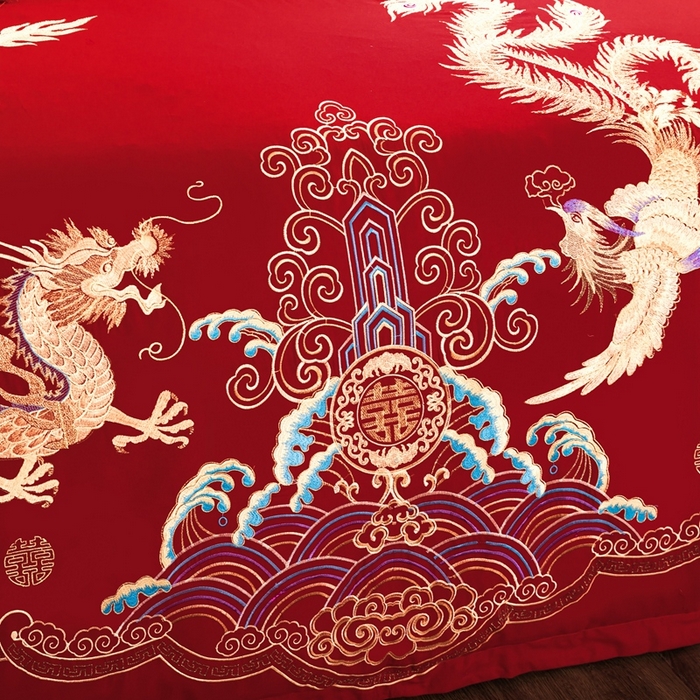 91家纺网 家纺一手货源 找家纺 慕她家纺 慕她畅销款全棉纯棉婚庆四件套大红色刺绣结婚床上用品 龙腾凤舞