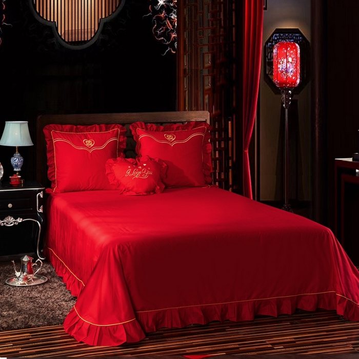 91家纺网 家纺一手货源 找家纺 慕她家纺 慕她畅销款全棉纯棉婚庆四件套大红色刺绣结婚床上用品 玫瑰蜜语