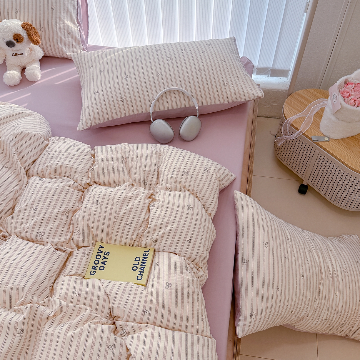 91家纺网 家纺一手货源 找家纺 铺尚美家纺 2026新款春款A类古法水洗仿棉云感棉小布袋四件套 晚樱落落