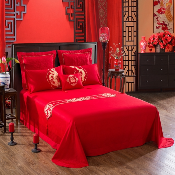 91家纺网 家纺一手货源 找家纺 慕她家纺 慕她畅销款全棉纯棉婚庆四件套大红色刺绣结婚床上用品 盘龙舞凤