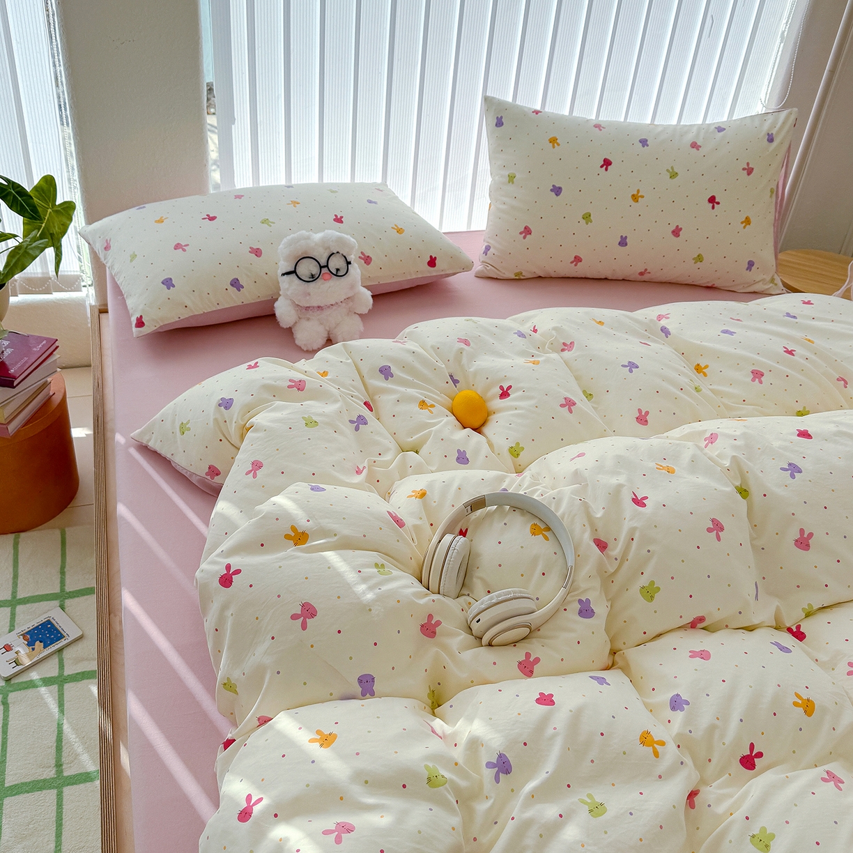 91家纺网 家纺一手货源 找家纺 铺尚美家纺 2026新款春款A类古法水洗仿棉云感棉小布袋四件套 七彩波点免