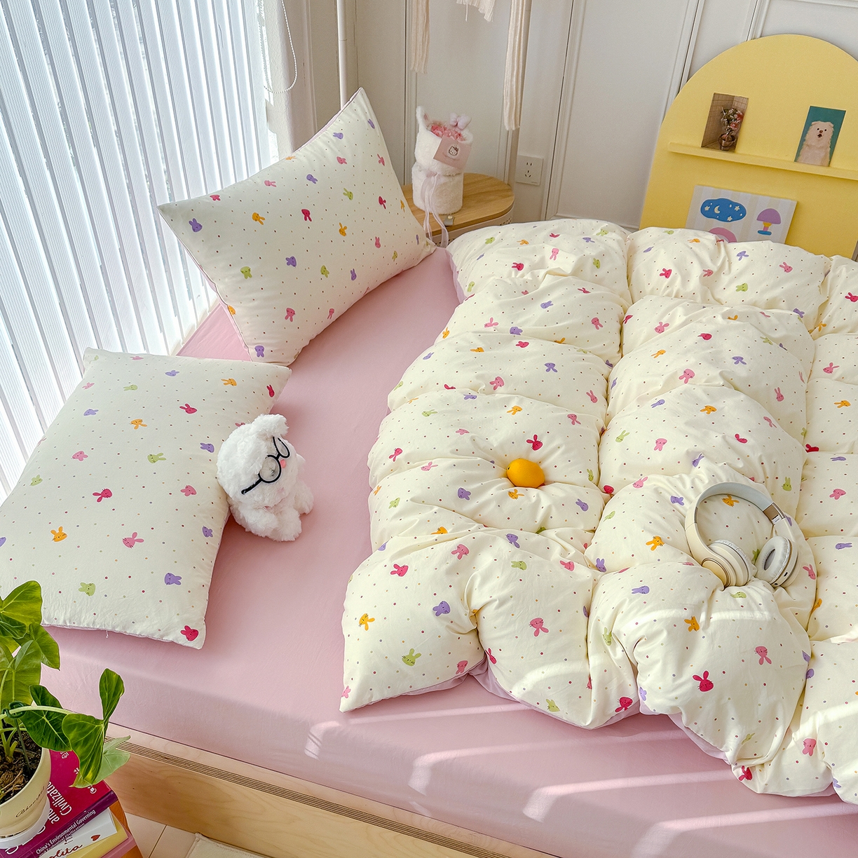 91家纺网 家纺一手货源 找家纺 铺尚美家纺 2026新款春款A类古法水洗仿棉云感棉小布袋四件套 七彩波点免