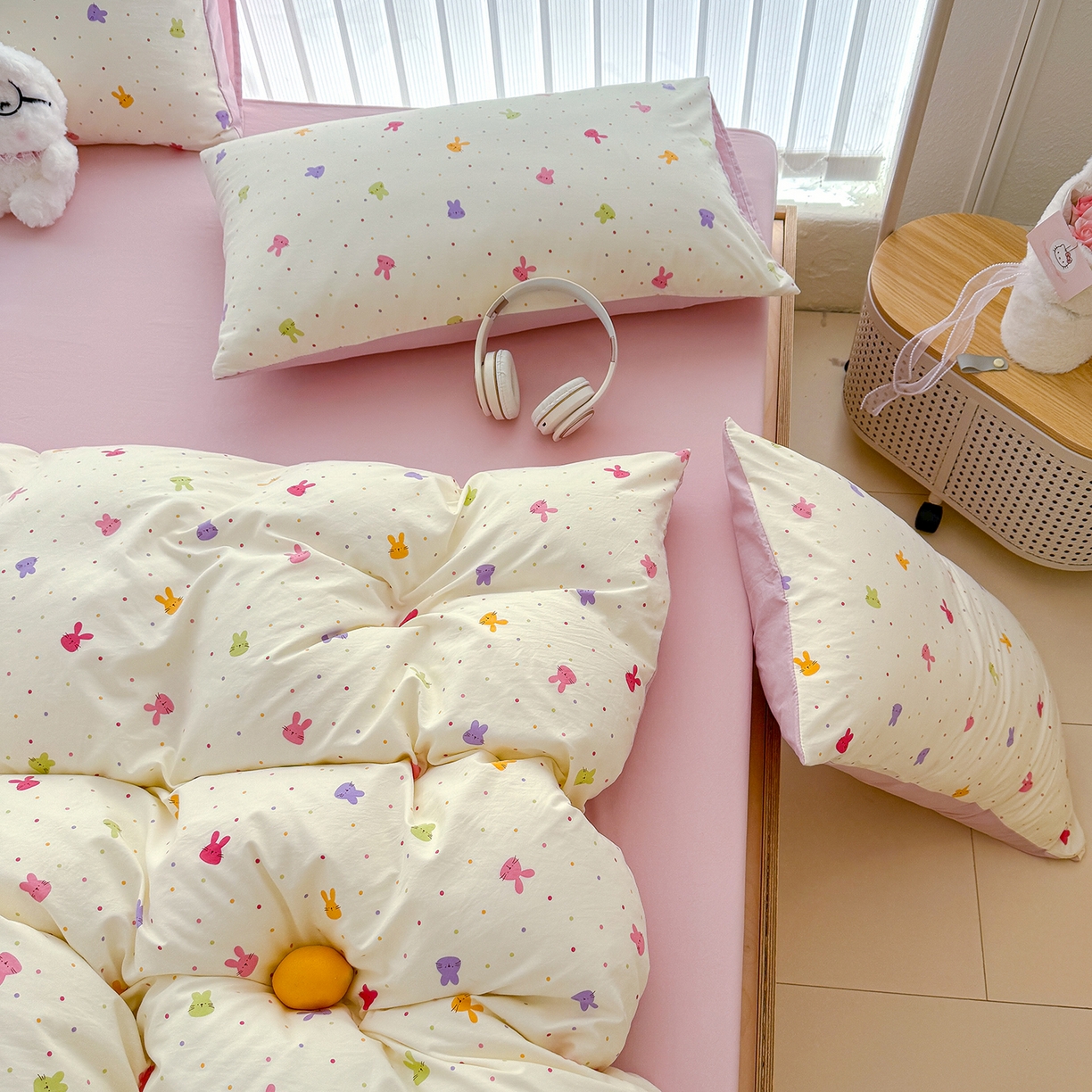 91家纺网 家纺一手货源 找家纺 铺尚美家纺 2026新款春款A类古法水洗仿棉云感棉小布袋四件套 七彩波点免