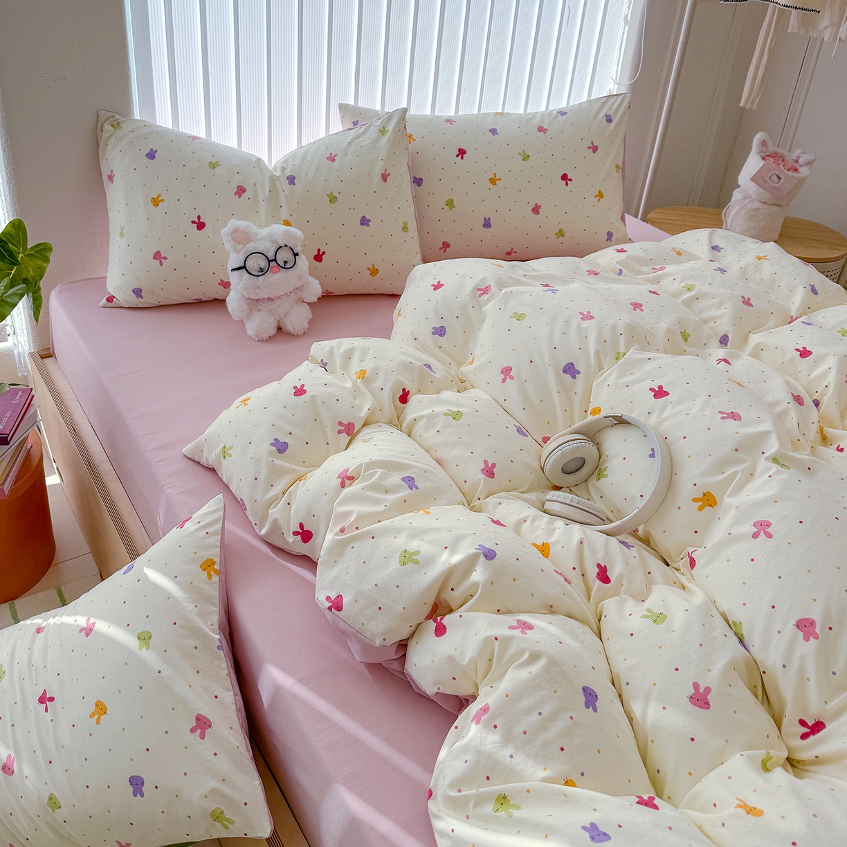 91家纺网 家纺一手货源 找家纺 铺尚美家纺 2026新款春款A类古法水洗仿棉云感棉小布袋四件套 七彩波点免